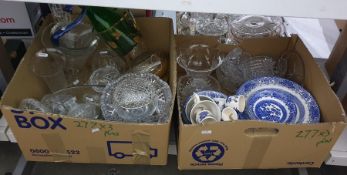 Three boxes of mainly glassware and some blue and white ceramics including rose bowl, small vases