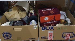 Two boxes of mixed items including cigarette cards, character jugs, flatware and vases