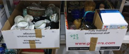 Two mixed boxes containing assortment of glass and ceramics with children's toys and books