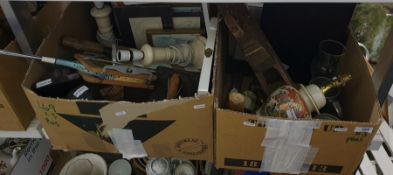Three boxes and other items. a mixed lot to include binoculars, vintage badminton racket, wooden