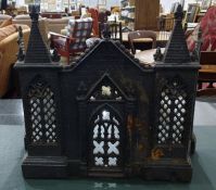 Cast iron fireguard in the architectural Gothic taste and flatware