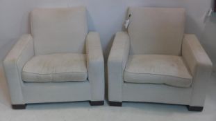 A pair of 20th century armchairs with stone linen upholstery