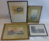 Two 20th century watercolours of mountains, together with a signed print and one other