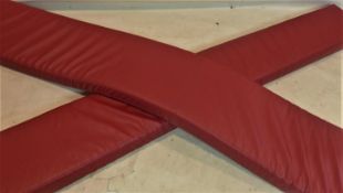 Two long red leather cushions possibly for benches, L.324cm and the other is L.244cm