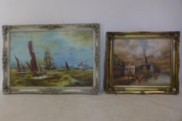 A large 20th century coastal marine oil on canvas together with a large Dutch landscape oil on