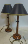 A pair of burr walnut effect table lamps with shades, H.39cm