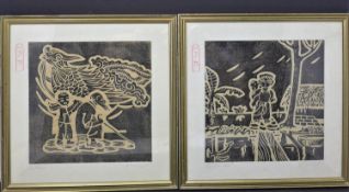 A pair of South East Asian woodblock prints, one depicting a child and elderly man with dragon to