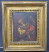 A small oil on board of a man playing the drum to a boy, signed, in gilt frame, 17 x 14cm