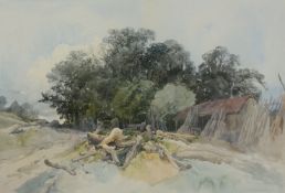 John Middleton (British 1827-1856) A pile of logs by a barn