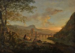 Jan Dirksz. Both (Dutch 1615/18-1652)A view of Ponte Molle at dusk with figures and animals to the f