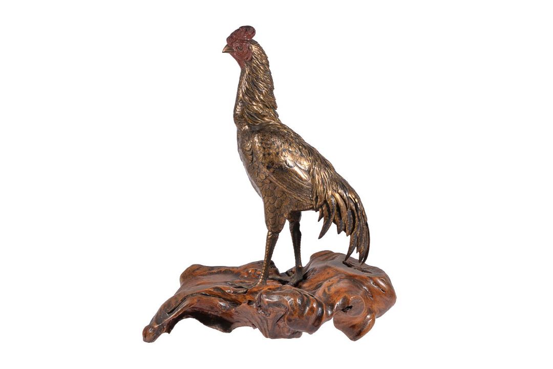 A Japanese Bronze Figure of a Cock - Image 1 of 4
