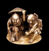ϒ MUNEKAZU (SOICHI): A Japanese Ivory Okimono of two ronin