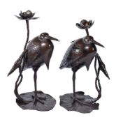 A Pair of Japanese Bronze Candle Holders