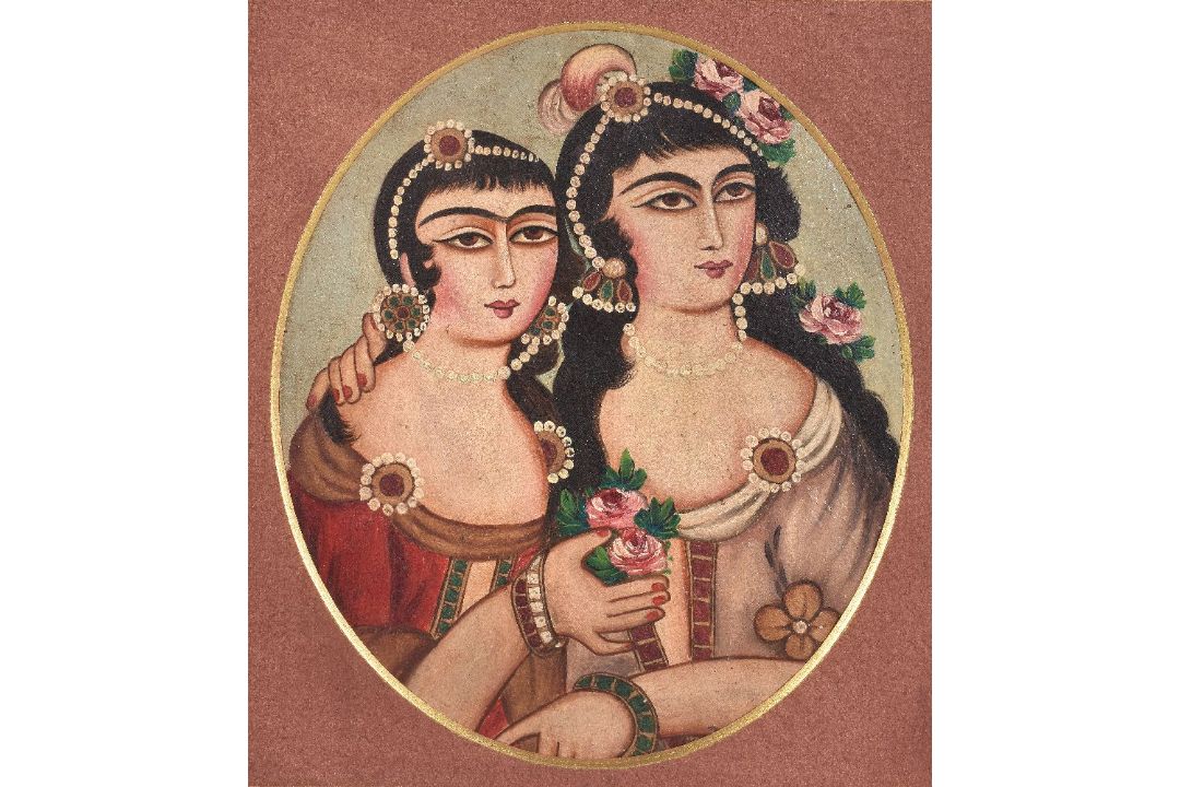 A pair of Qajar 19th century double portraits - Image 1 of 4