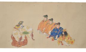 A Japanese Makimono painted in inks and gouache on paper depicting performers