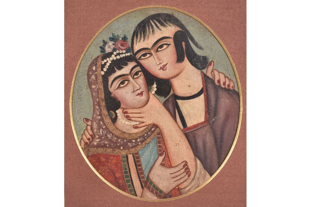 A pair of Qajar 19th century double portraits - Image 2 of 4