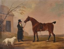 Edwin Cooper (British 1785-1833)Horse and groom with dog in a landscape