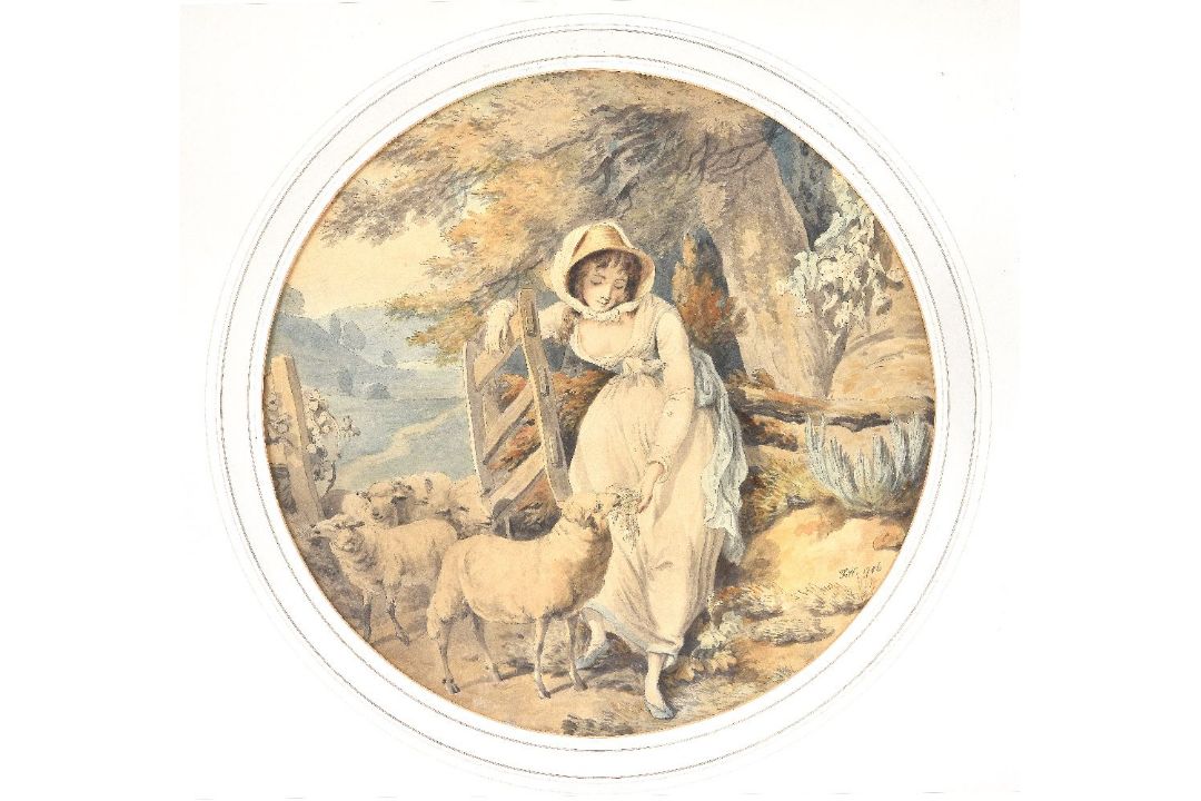 Francis Wheatley (British 1747-1801)A shepherdess with sheepWatercolour and pen - Image 1 of 2