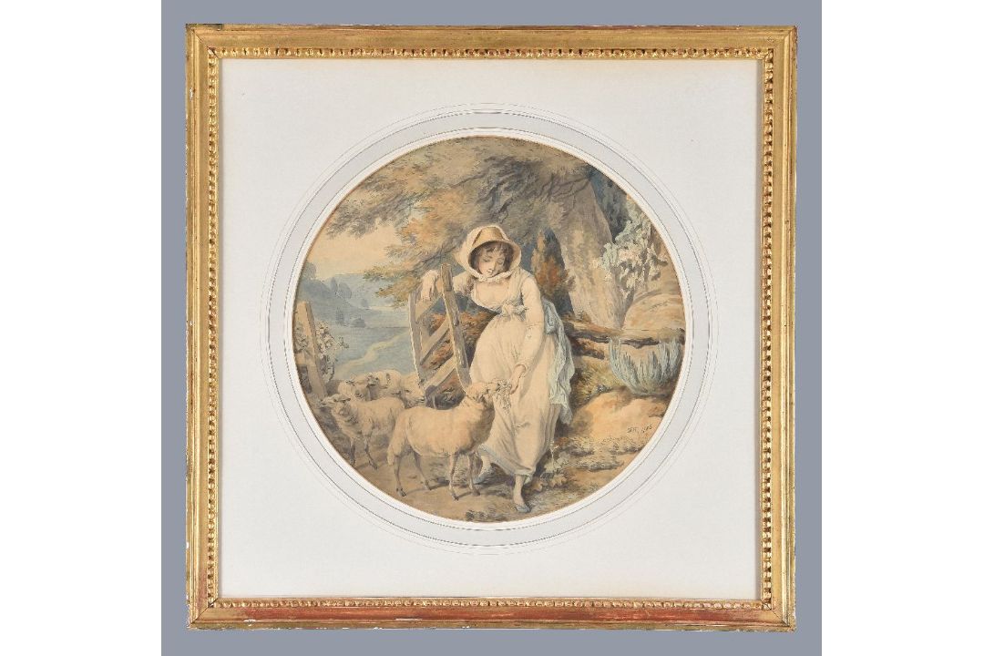 Francis Wheatley (British 1747-1801)A shepherdess with sheepWatercolour and pen - Image 2 of 2