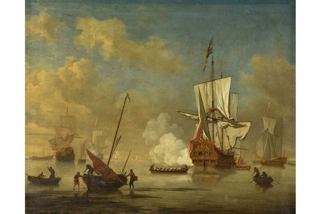 Circle of Peter Monamy (British 1689-1749)Royal Man o'war ship fire a gun salute - Image 1 of 3