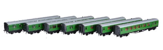 A rake of seven SR twin bogie Bulleid corridor coaches