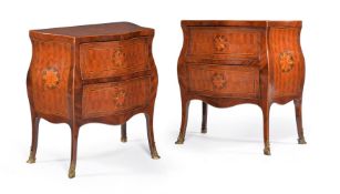 ϒ A pair of Italian walnut, tulipwood and parquetry serpentine commodes