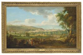 Attributed to Charles Stewart Hardinge (British 1822-1894) View of a coastal town, with travellers