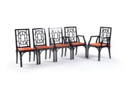 A set of five black lacquered chairs in Chinese Chippendale taste, 20th century, comprising three