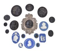 A group of eighteen various Wedgwood and Wedgwood & Bentley black basalt and blue Jasper medallions