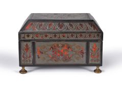 ϒ A Louis XIV pewter, brass and tortoiseshell contre-partie Boulle marquetry and ebony banded casket