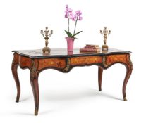 A walnut, ebonised, specimen marquetry, and gilt metal mounted bureau plat, in Louis XV style, 19th