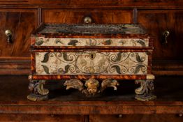 An unusual Charles II stumpwork and tortoiseshell banded work box, circa 1675
