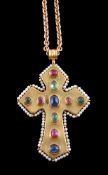A sapphire, ruby and emerald cross pendant by Natalia Josca