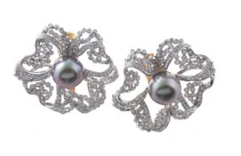 A pair of Tahitian cultured pearl and diamond flower head ear clips