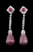 A pair of ruby and diamond ear pendants