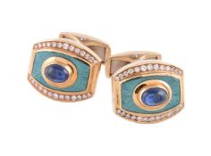 A pair of 18 carat gold, enamel, sapphire and diamond cufflinks by Leo De Vroomen for Amr Shaker