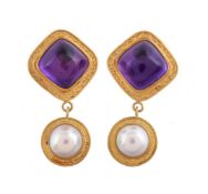 A pair of amethyst and mabé pearl earrings by Natalia Josca