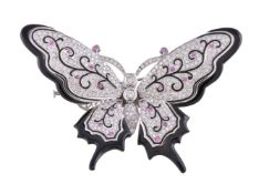 A diamond, pink sapphire and black enamel butterfly clip brooch