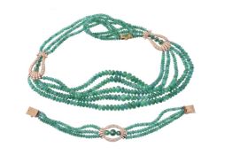 An emerald bead and diamond suite of jewellery