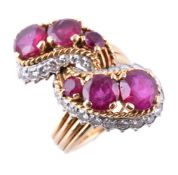A 1960s French ruby and diamond crossover ring