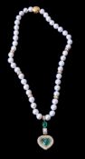A cultured pearl, emerald and diamond necklace