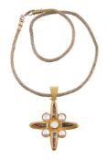 A watermelon tourmaline, cultured pearl and white stone cross pendant by Natalia Josca