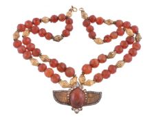 A cornelian, glass bead and diamond scarab necklace by Natalia Josca