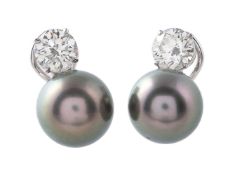 A pair of Tahitian cultured pearl and diamond earrings