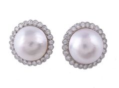 A pair of diamond and mabé pearl cluster ear clips
