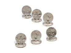 A set of six Edwardian silver menu or place name holders by Harrison Brothers & Howson