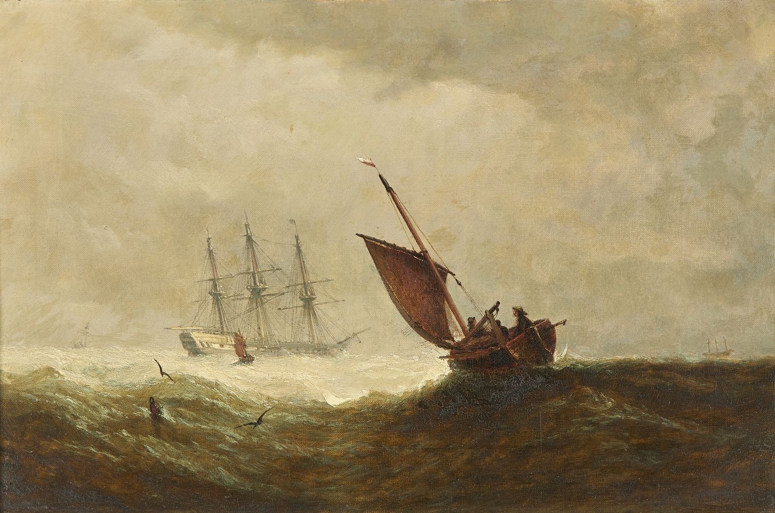 William Adolphus Knell (British 1802-1875), Seascape with Man O'War and fishing boats