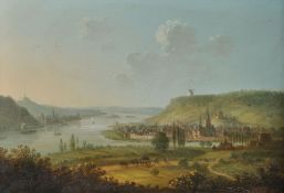 Manner of Jan Griffier the Younger, A Rheinish landscape with a river running through a town, and a
