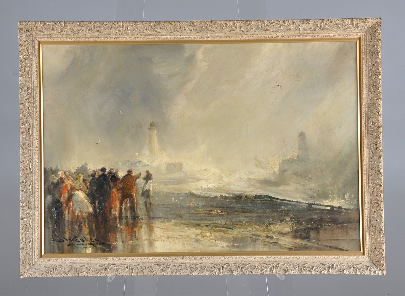 Frank Wasley (British 1854-1934), Crowds gather with stormy seas and lighthouse beyond - Image 2 of 3