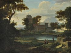 Circle of Alexandre Dunouy (French 1757-1841), Italianate landscape with two women on a path by a la